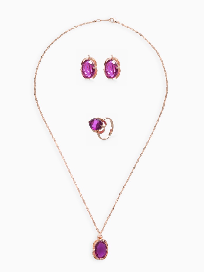 Гарнитур 3 предмета: серьги, кулон, кольцо безразмерное «Эдель» классик, цвет фиол в золоте, 45 см - Фото 1