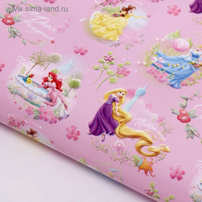 Бумага упаковочная глянцевая «С днём Рождения! Ты принцесса», 60х90 см, Принцессы - Фото 1