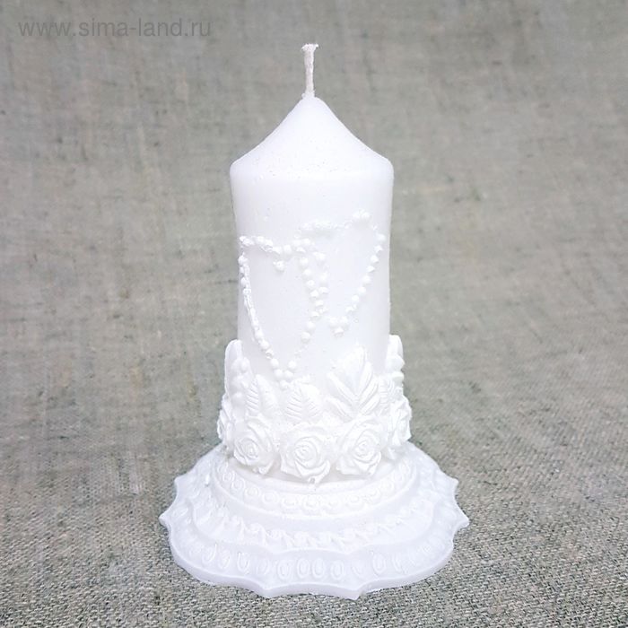 Свеча Свадебная Цилиндр с розами на подставке белый с блеском №2 10*13 - Фото 1