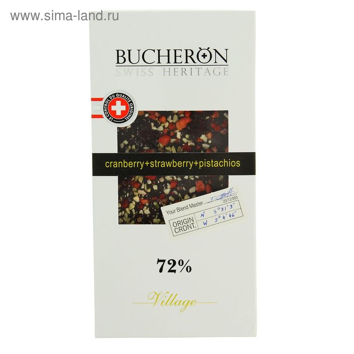 Шоколад горький Bucheron, с клюквой, клубникой и фисташками, 100 г - Фото 1