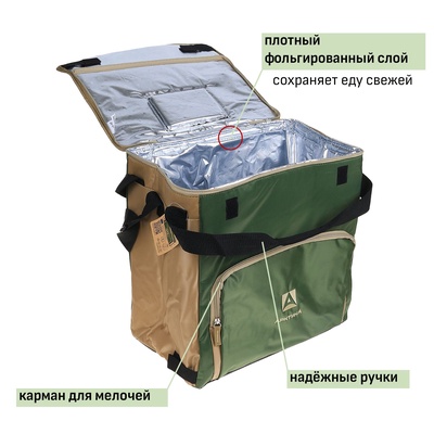 Термосумка «Арктика» на молнии, объём 30 л, с люком, зелёная