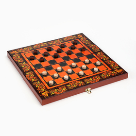 Настольная игра 3 в 1 "Хохлома красная": шахматы, нарды, шашки, доска дерево 40 х 40 см