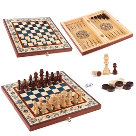 Настольная игра 3 в 1 "Гжель": шахматы, нарды, шашки, дерево 40 х 40 см