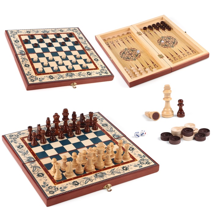 Настольные игры 3 в 1 "Гжель": шахматы, шашки, нарды, деревянные, большие, 40 х 40 см - Фото 1