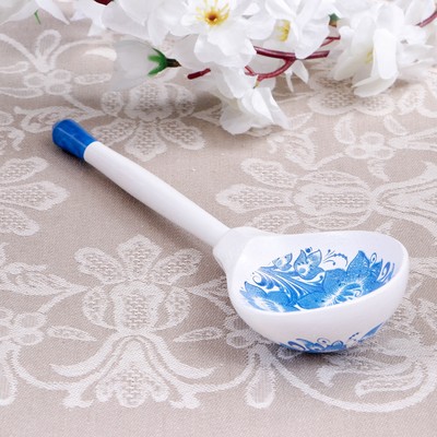 Ложка деревянная полубаская с росписью «Гжель», 19×6 см, МИКС