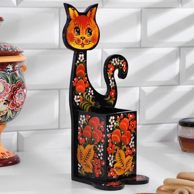 Подставка для ложек «Котик», для столовых приборов, дерево, хохлома