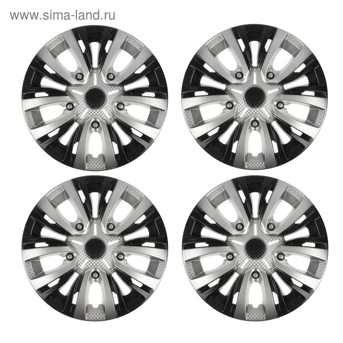 Колпаки колесные R14 "ЛИОН", серебристо-черный карбон, набор 4 шт - Фото 1