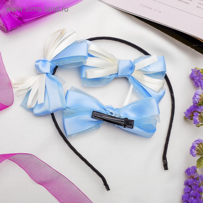 Набор для волос "Бантик" (2 зажима,1 ободок) голубой - Фото 1