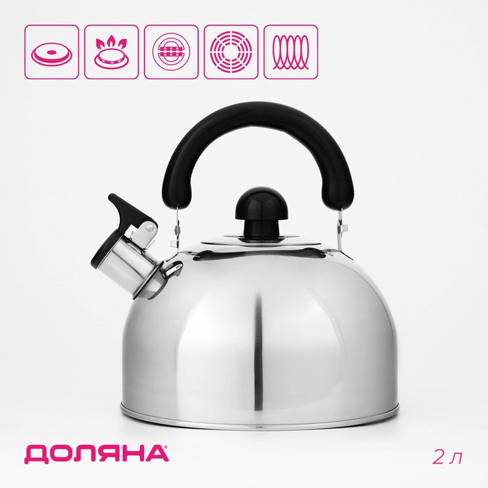 Чайник Доляна «Чёрная ночь», 2 л, со свистком, индукция, нержавеющая сталь, хромированный - Фото 1