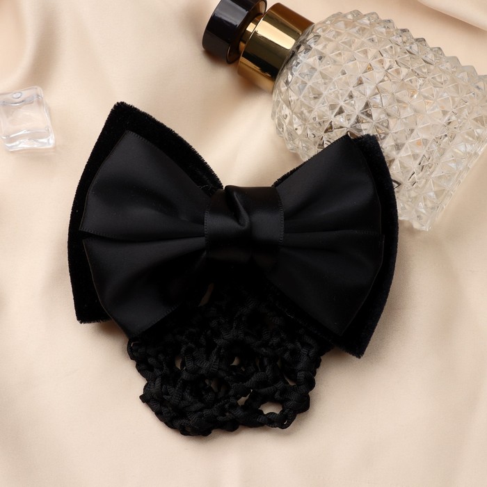 Заколка - автомат для волос «Бантик», с сеточкой для пучка, d=10 см, чёрная