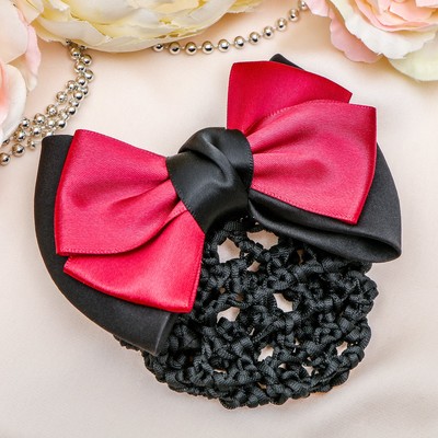 Заколка - автомат для волос с сеточкой для пучка, d=10 см, бантик атлас бордо