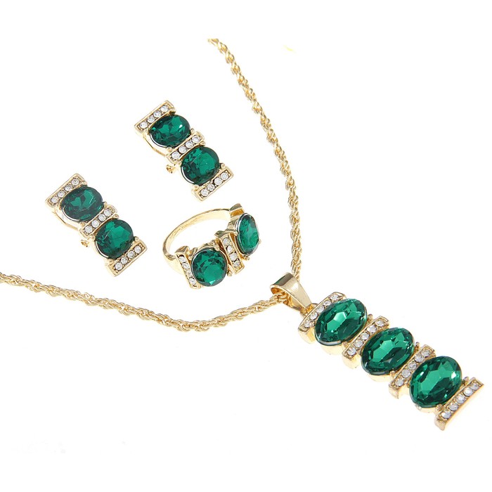 Гарнитур 3 предмета: серьги, кулон, кольцо "Каталина", овалы в прямоугольнике, цвет зелёный, 45см - Фото 1