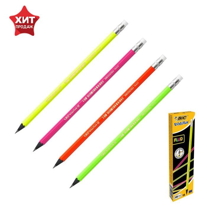 Карандаш чернографитный (простой) НВ, BIC Evolution Fluo, заточенный, пластиковый, с ластиком, шестигранный, неоновые цвета корпуса - Фото 1