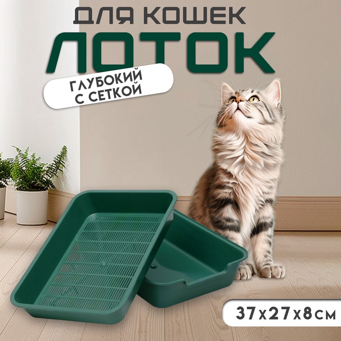 Туалет с сеткой "Белла" для кошек, 37 х 27 х 8 см, зелёный - Фото 1