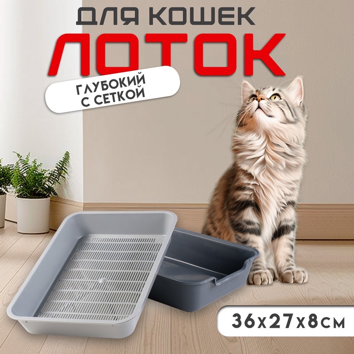Туалет для кошек «Белла», 37×27×8 см, с сеткой, пластик, серый - Фото 1