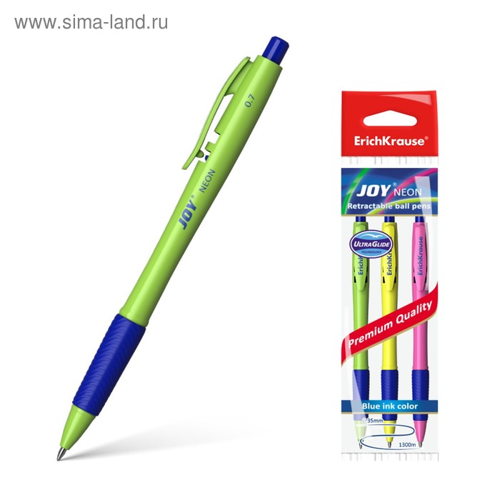 

Набор ручек шариковых автоматических 3 штуки Ultra Glide Technology JOY Neon, резиновый упор, узел 0.7 мм, чернила синие, длина линии письма 1300 метров, европодвес