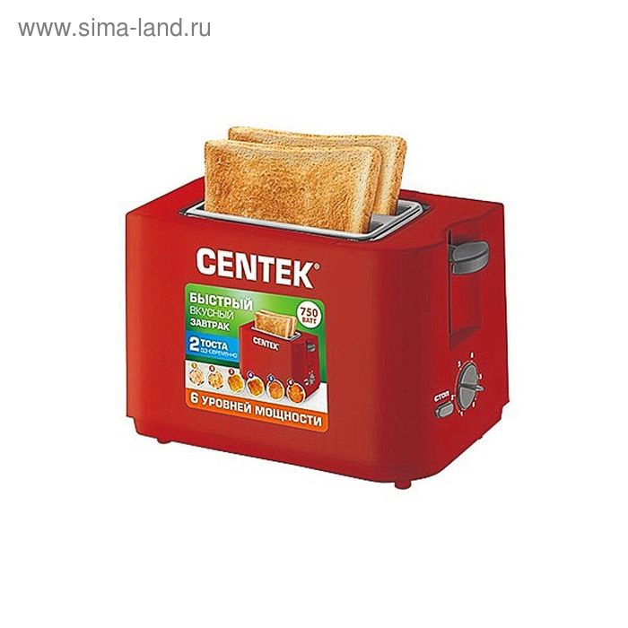 Тостер Centek CT-1425, 750 Вт, на 2 тоста, 6 ур. мощности, красный - Фото 1
