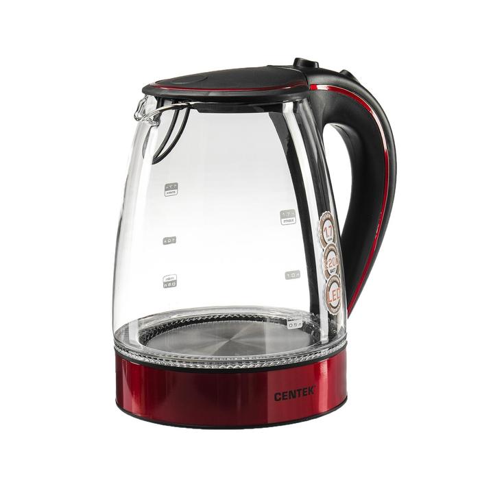 Чайник электрический Centek CT-1009 BLR, стекло, 1.7 л, 2200 Вт, подсветка, красно-черный - Фото 1