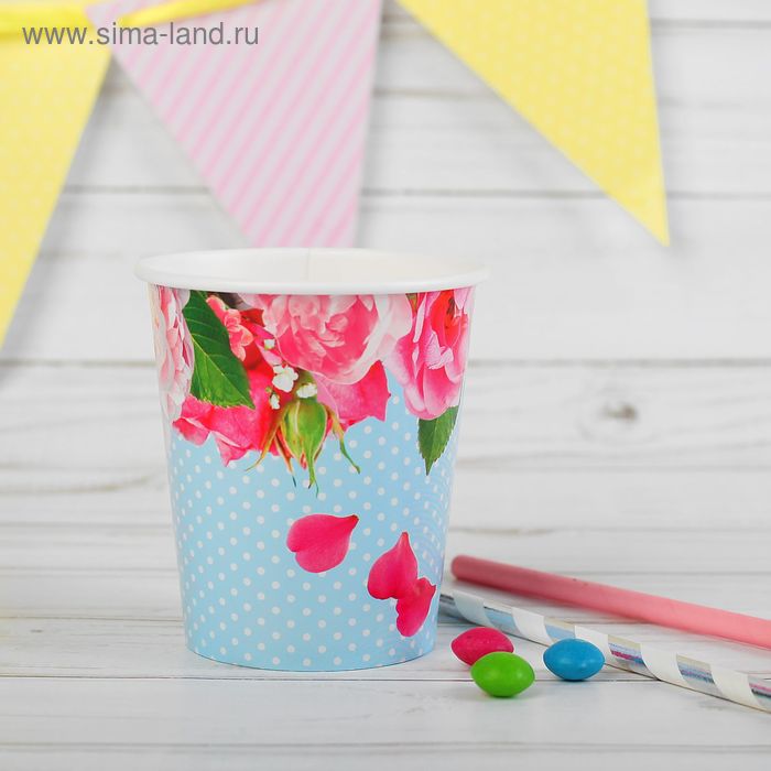 Набор бумажных стаканов "Пионы", 250 мл, 6 шт. - Фото 1