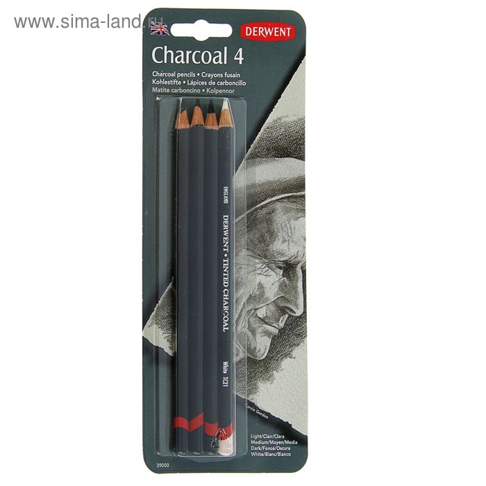 Уголь в карандаше, набор для графики Derwent Charcoal, 4 штуки (+ писательный карандаш) - Фото 1