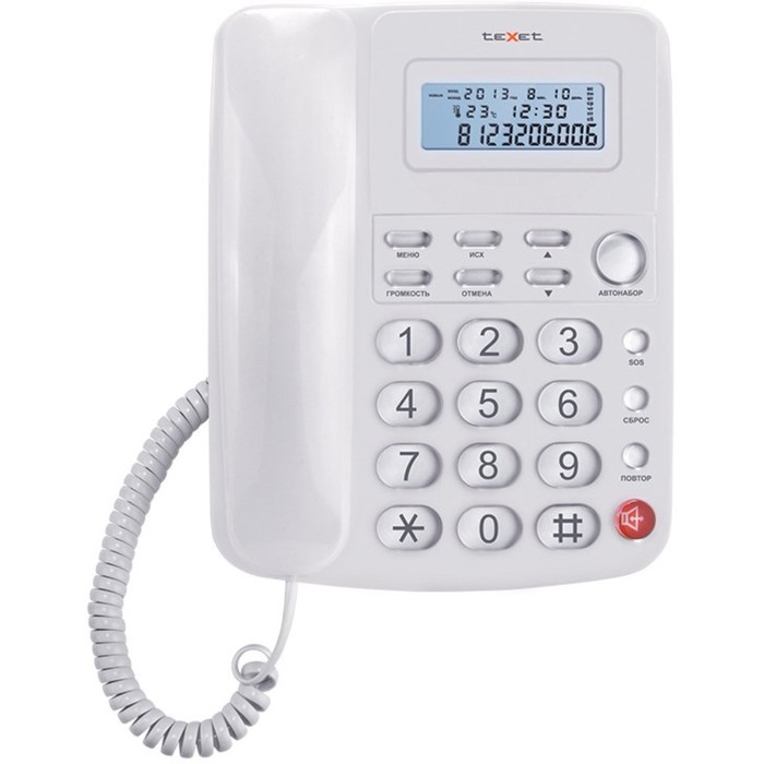 Телефон Texet TX 250, проводной, встроенный дисплей, белый - Фото 1