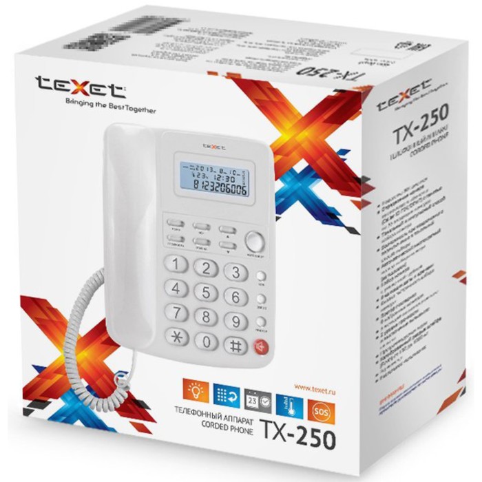 Телефон Texet TX 250, проводной, встроенный дисплей, белый - фото 51625213