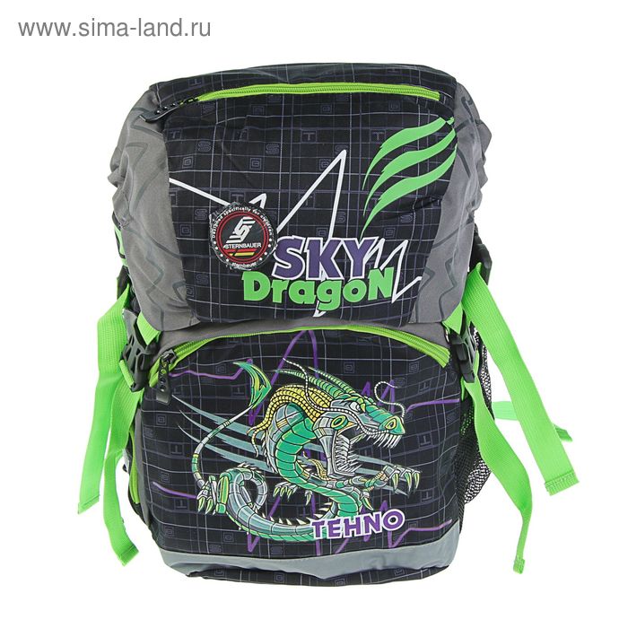 Рюкзак школьный с эргономичной спинкой Sternbauer на затяжке Vip 39*27*19 черный/зеленый 5609 - Фото 1
