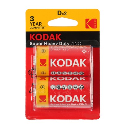 Батарейка солевая Kodak Super Heavy Duty, D, R20-2BL, 1.5 В, блистер, 2 шт.