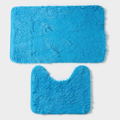Коврики для ванной и туалета Доляна «Пушистик», 2 шт: 40×50, 50×80 см цвет голубой