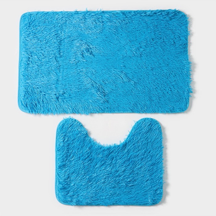 Коврики для ванной и туалета Доляна «Пушистик», 2 шт: 40×50, 50×80 см цвет голубой - Фото 1