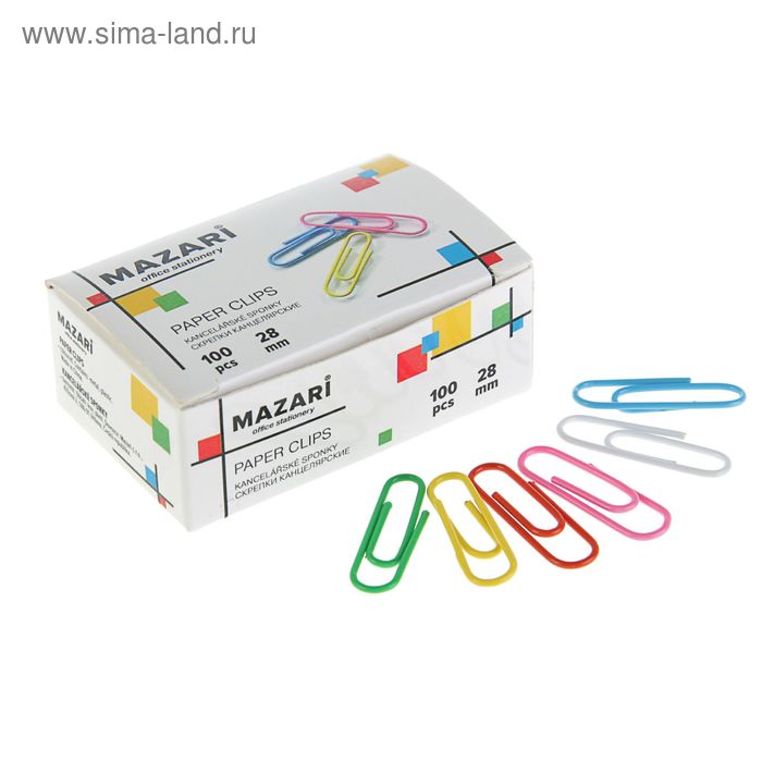 Скрепки канцелярские 28 мм, цветные, 100 штук Mazari М-6887, картонная коробка - Фото 1