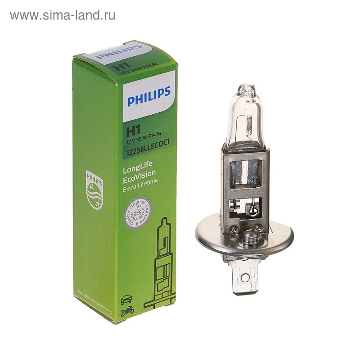 Лампа автомобильная Philips, LongLife EcoVision, H1, 12 В, 55 Вт, P14,5s - Фото 1