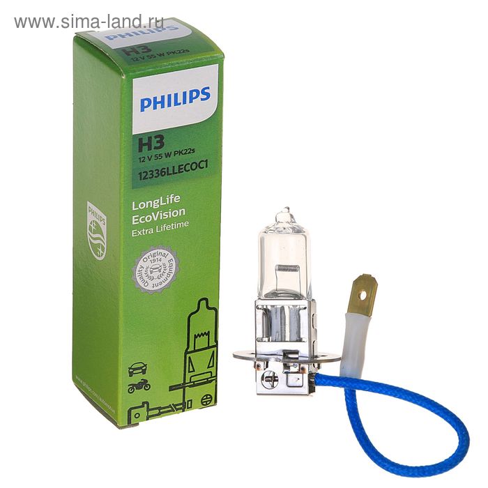 Лампа автомобильная Philips, Long Life EcoVision, H3, 12 В, 55 Вт, PK22s, увелич. срок служб   25105 - Фото 1