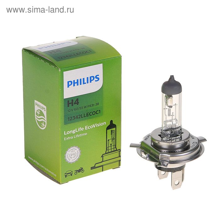 Лампа автомобильная Philips, LongLife EcoVision, H4, 12 В, 60/55 Вт, P43t-38 - Фото 1