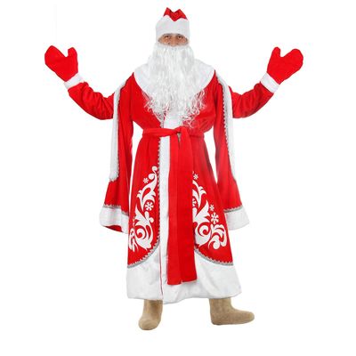 Карнавальный костюм «Дед Мороз», боярская шуба с узором, шапка, варежки, борода, р. 48–50