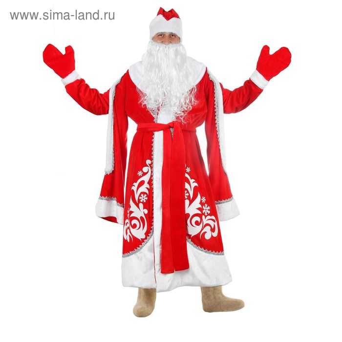 Карнавальный костюм «Дед Мороз», боярская шуба с узором, шапка, варежки, борода, р. 48–50 - Фото 1