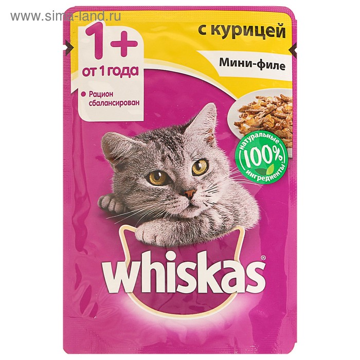 Влажный корм Whiskas для кошек, мини-филе курица, пауч, 85 г - Фото 1