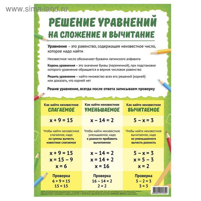 Обучающий плакат "Уравнения на сложение и вычитание"А3 - Фото 1