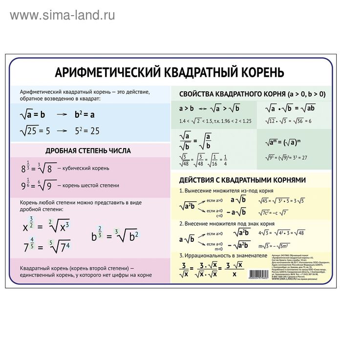 Обучающий плакат "Арифметический квадратный корень", А4 - Фото 1