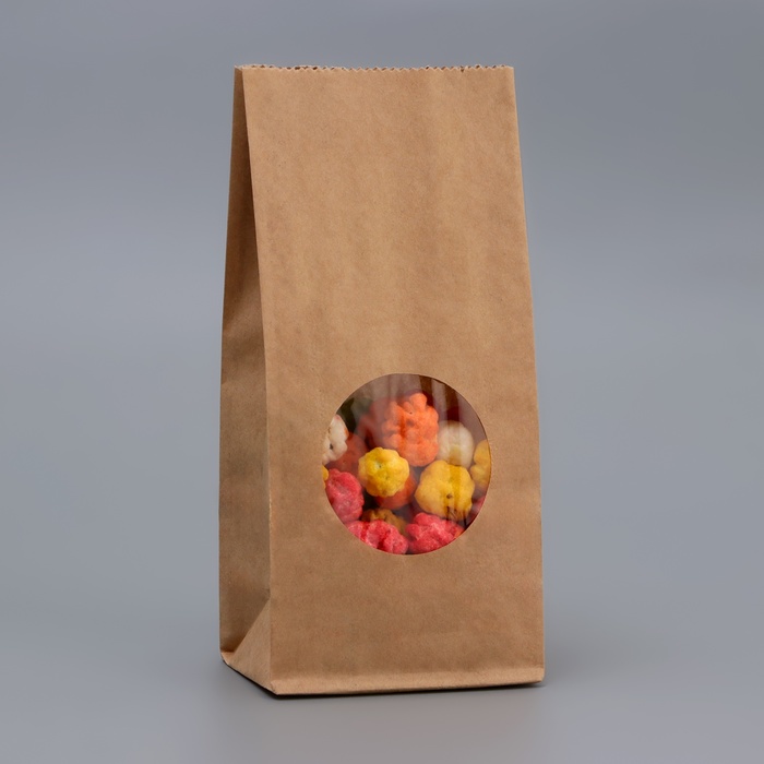 Пакет крафт бумажный фасовочный, двухслойный, с окном, прямоугольное дно 8(5) х 5 х 17 см - Фото 1