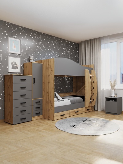 Кровать двухъярусная «Клик Мебель», с ящиками, 2030×1090×1700 мм, цвет тёмно - серый/дуб вотан