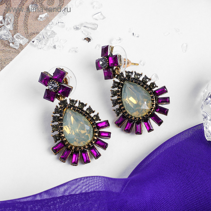 Серьги со стразами «Капля» бахрома, цвет бело-фиолетовый в чернёном золоте - Фото 1