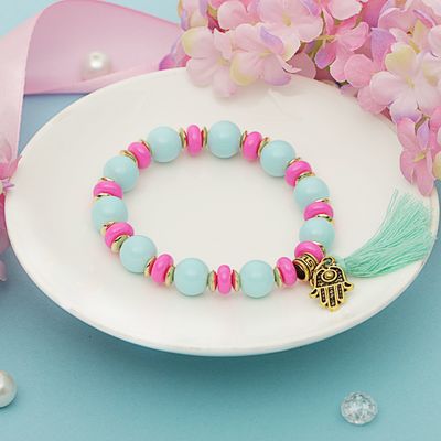 Браслет пластик «Бусины» рука хамса, цвет голубо-розовый