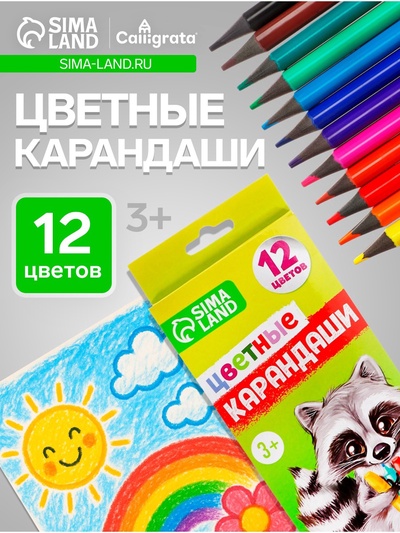 Карандаши Calligrata цветные заточенные, 12 цветов, пластиковые, в картонной коробке