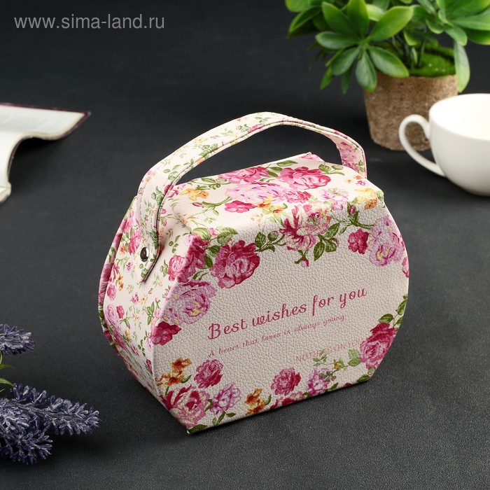 Шкатулка кожзам для украшений "Розовые пионы" сумочка 12х16х6,5 см - Фото 1