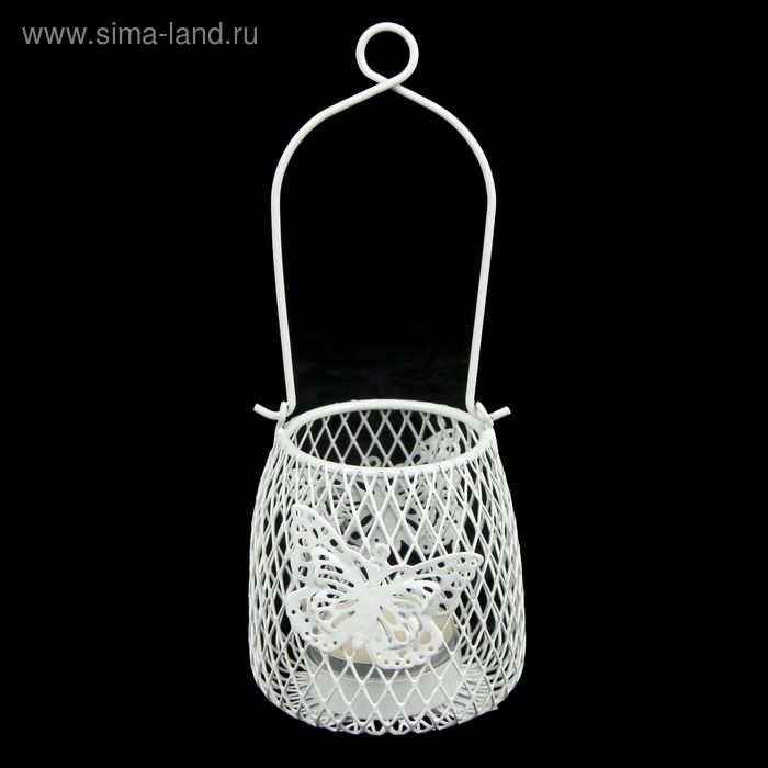 Подсвечник металл 1 свеча "Корзинка в сеточку с бабочками" белый 8х9х9 см - Фото 1