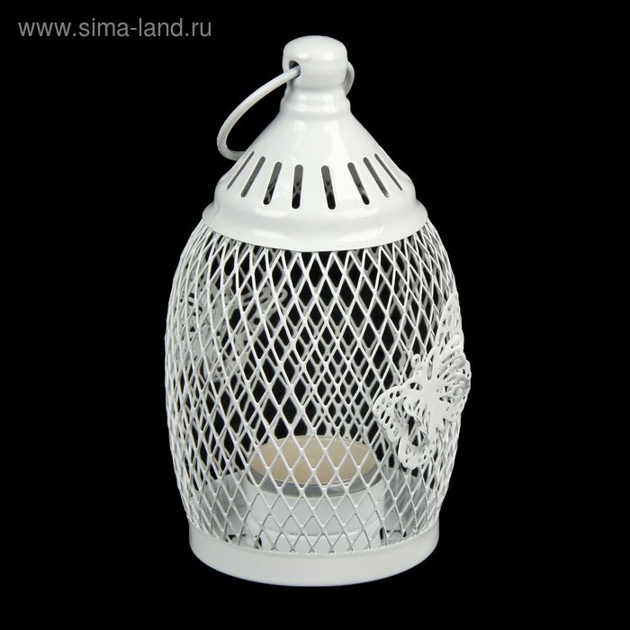 Подсвечник металл 1 свеча "Уличный фонарь в сеточку с бабочками" белый 16х8,5х8,5 см - Фото 1