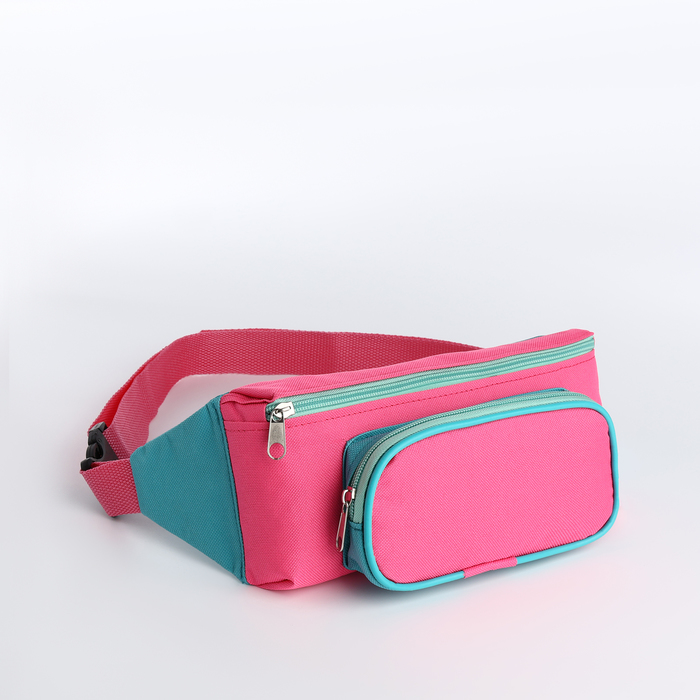Поясная сумка на молнии, наружный карман, розовая, бирюзовая - Фото 1