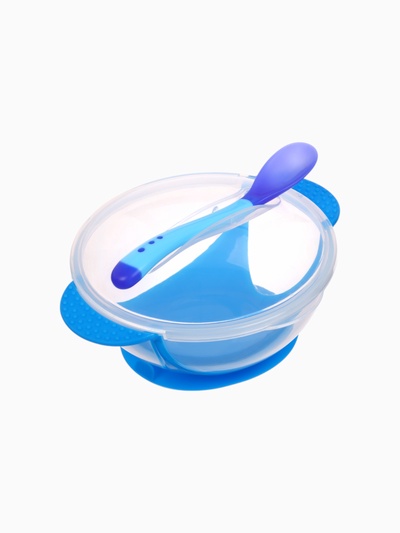 Тарелка на присоске Крошка Я 350 мл, в наборе крышка, термоложка, синий