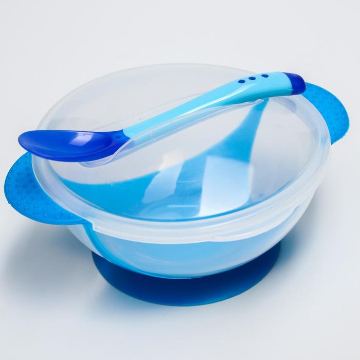 Набор для кормления, 3 предмета: тарелка на присоске 350 мл, крышка, термоложка, цвет синий - Фото 1